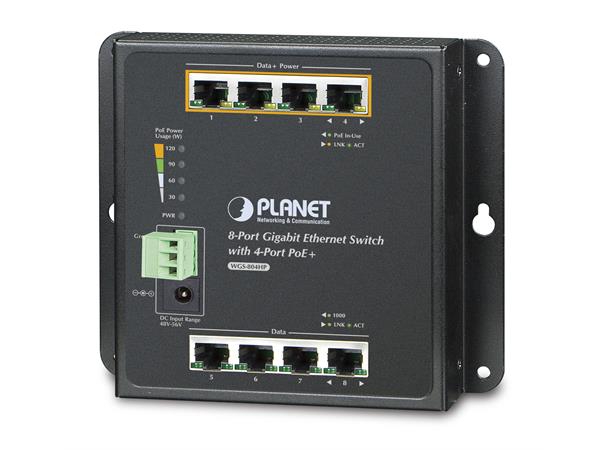 Planet Switch  8-p Gigabit 4xPoE+ Flat/Wall Industri IP30 DIN RPS B120W 